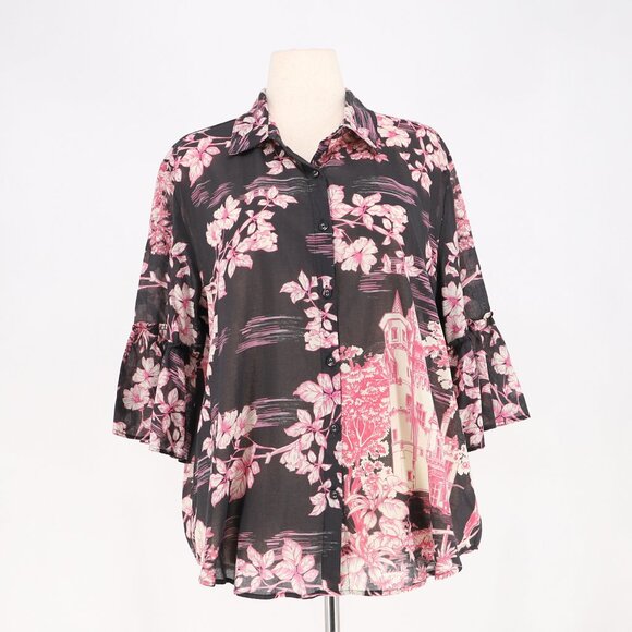 Johnny Was Tops - JOHNNY WAS House on the Hill Ruffle Sleeve Blouse Pink/Black Size L